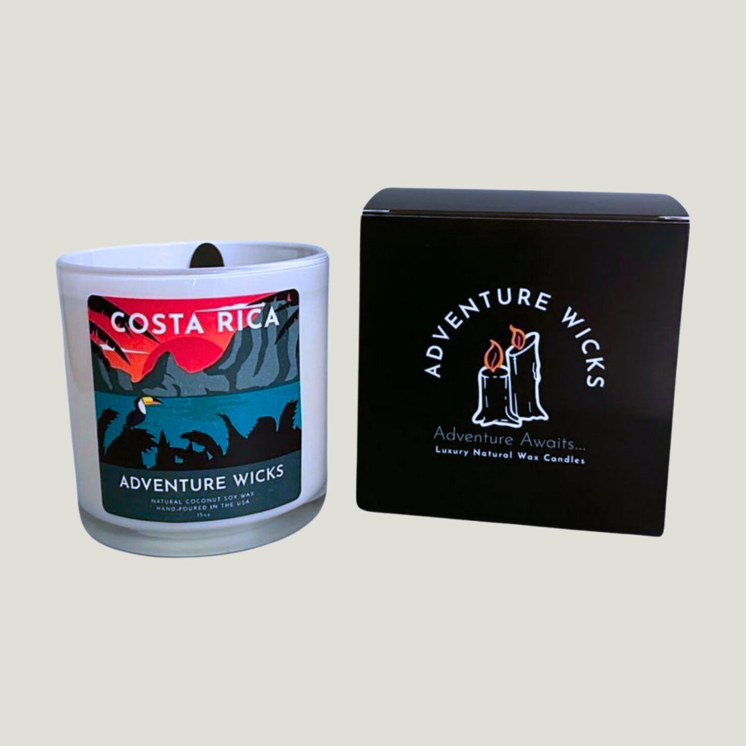 Costa Rica Travel-Inspired Soy Candle next to Adventure Wicks product black box.